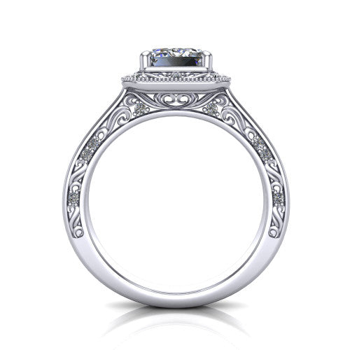 Elara emerald-cut vintage engagement ring in 14K White Gold, through-finger front profile showing the engraved scrollwork gallery and shoulders