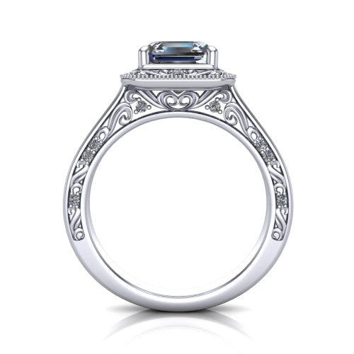 Elara square emerald-cut vintage engagement ring in 18K White Gold, through-finger front profile showing the engraved scrollwork gallery and shoulders