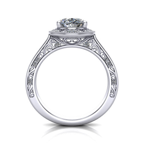 Elara oval vintage engagement ring in 18K White Gold, through-finger front profile showing the engraved scrollwork gallery and shoulders