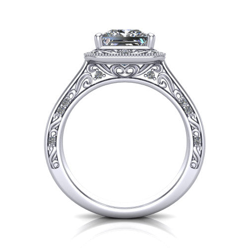 Elara princess-cut vintage engagement ring in 18K White Gold, through-finger front profile showing the engraved scrollwork gallery and shoulders