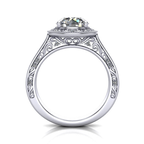 Elara round vintage engagement ring in 18K White Gold, through-finger front profile showing the engraved scrollwork gallery and shoulders