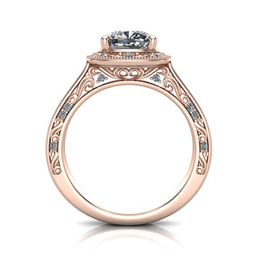 Elara cushion-cut vintage engagement ring in 18K Rose Gold, through-finger front profile showing the engraved scrollwork gallery and shoulders