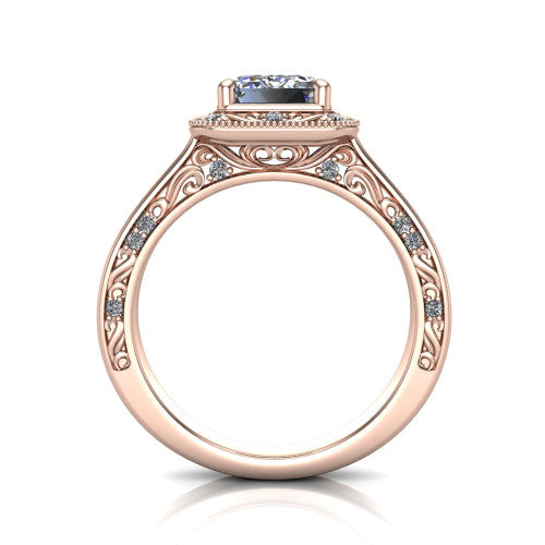 Elara emerald-cut vintage engagement ring in 18K Rose Gold, through-finger front profile showing the engraved scrollwork gallery and shoulders