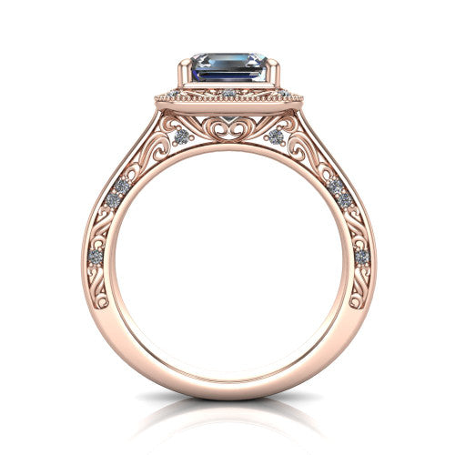 Elara square emerald-cut vintage engagement ring in 18K Rose Gold, through-finger front profile showing the engraved scrollwork gallery and shoulders