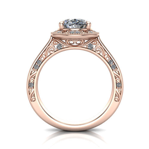 Elara oval vintage engagement ring in 14K Rose Gold, through-finger front profile showing the engraved scrollwork gallery and shoulders