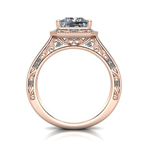 Elara princess-cut vintage engagement ring in 18K Rose Gold, through-finger front profile showing the engraved scrollwork gallery and shoulders