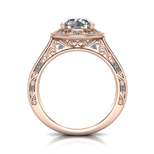Elara round vintage engagement ring in 18K Rose Gold, through-finger front profile showing the engraved scrollwork gallery and shoulders