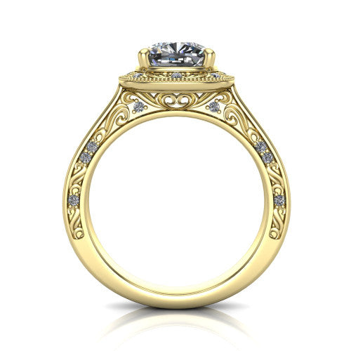 Elara cushion-cut vintage engagement ring in 18K Yellow Gold, through-finger front profile showing the engraved scrollwork gallery and shoulders