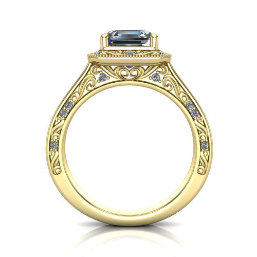Elara square emerald-cut vintage engagement ring in 14K Yellow Gold, through-finger front profile showing the engraved scrollwork gallery and shoulders