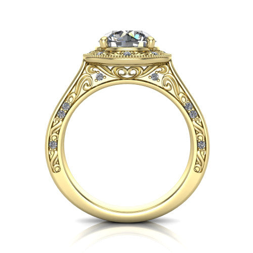 Elara round vintage engagement ring in 14K Yellow Gold, through-finger front profile showing the engraved scrollwork gallery and shoulders