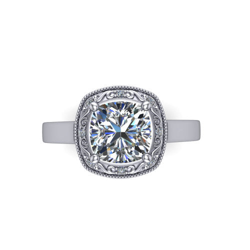 Elara cushion-cut vintage engagement ring in 18K White Gold, top-down view showing the cushion-cut center diamond framed by the milgrain halo