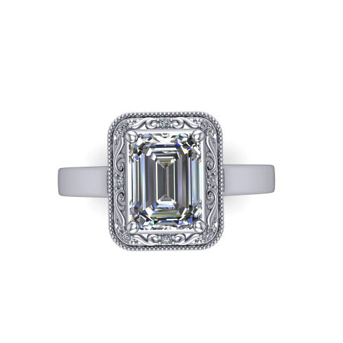 Elara emerald-cut vintage engagement ring in Platinum, top-down view showing the emerald-cut center diamond framed by the milgrain halo