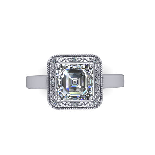 Elara square emerald-cut vintage engagement ring in 14K White Gold, top-down view showing the square emerald-cut center diamond framed by the milgrain halo
