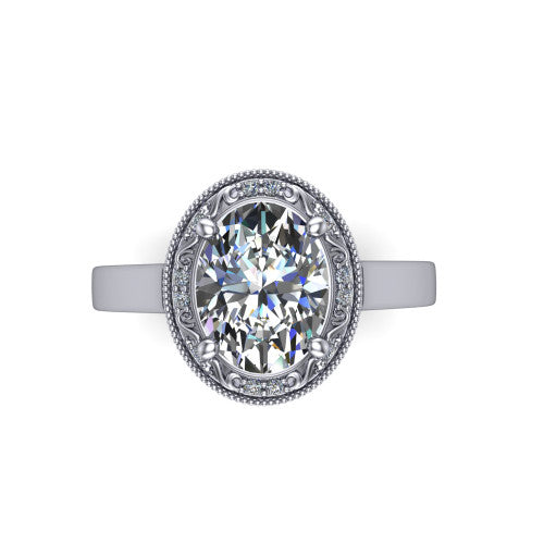 Elara oval vintage engagement ring in Platinum, top-down view showing the oval center diamond framed by the milgrain halo
