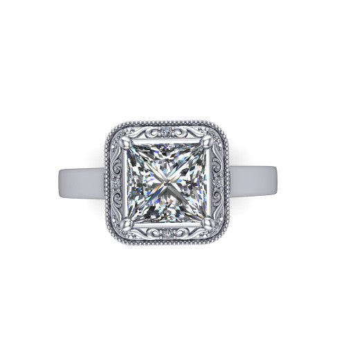 Elara princess-cut vintage engagement ring in 14K White Gold, top-down view showing the princess-cut center diamond framed by the milgrain halo