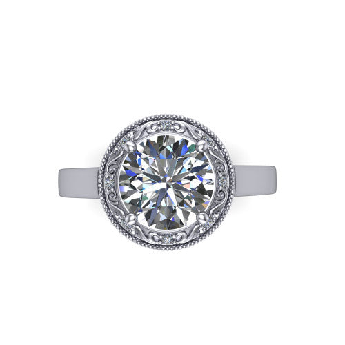 Elara round vintage engagement ring in 14K White Gold, top-down view showing the round center diamond framed by the milgrain halo
