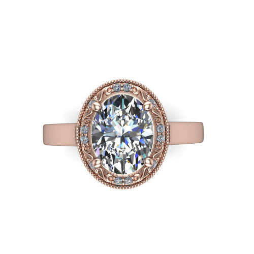 Elara oval vintage engagement ring in 14K Rose Gold, top-down view showing the oval center diamond framed by the milgrain halo