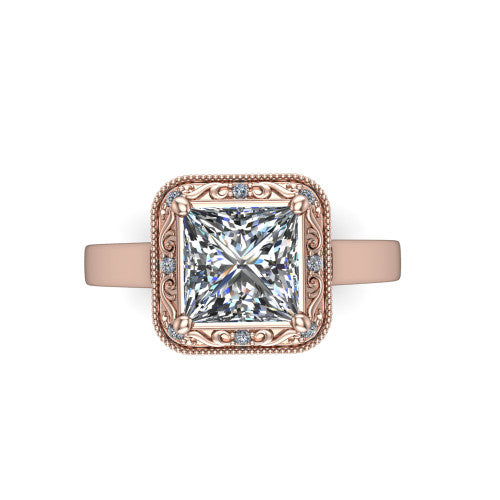 Elara princess-cut vintage engagement ring in 18K Rose Gold, top-down view showing the princess-cut center diamond framed by the milgrain halo