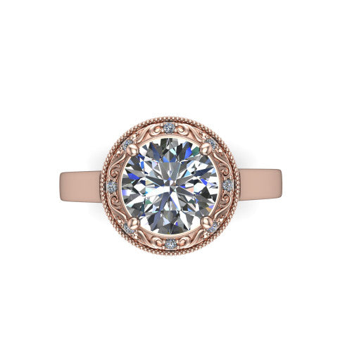 Elara round vintage engagement ring in 18K Rose Gold, top-down view showing the round center diamond framed by the milgrain halo