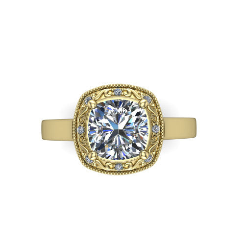 Elara cushion-cut vintage engagement ring in 14K Yellow Gold, top-down view showing the cushion-cut center diamond framed by the milgrain halo