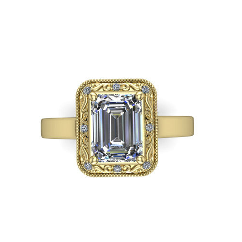 Elara emerald-cut vintage engagement ring in 18K Yellow Gold, top-down view showing the emerald-cut center diamond framed by the milgrain halo