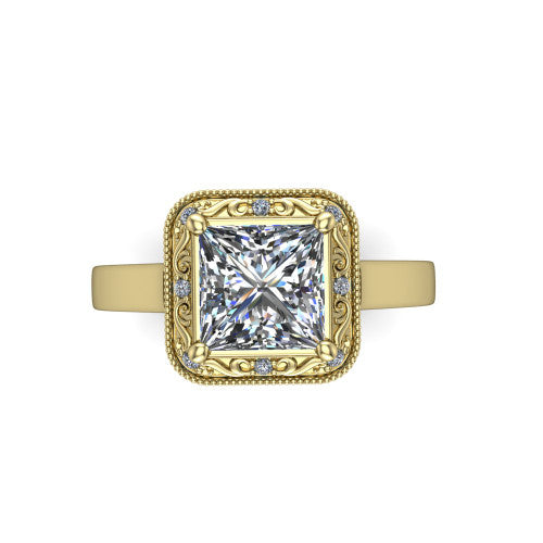 Elara princess-cut vintage engagement ring in 14K Yellow Gold, top-down view showing the princess-cut center diamond framed by the milgrain halo