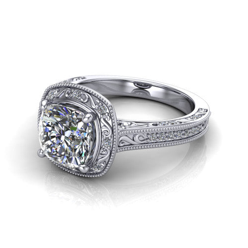Juliana cushion-cut vintage halo engagement ring in 14K White Gold, three-quarter perspective showing the cushion-cut center diamond, milgrain halo, and hand-engraved band