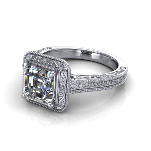 Juliana square emerald-cut vintage halo engagement ring in 18K White Gold, three-quarter perspective showing the square emerald-cut center diamond, milgrain halo, and hand-engraved band