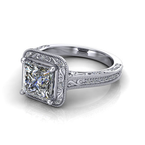 Juliana princess-cut vintage halo engagement ring in 14K White Gold, three-quarter perspective showing the princess-cut center diamond, milgrain halo, and hand-engraved band