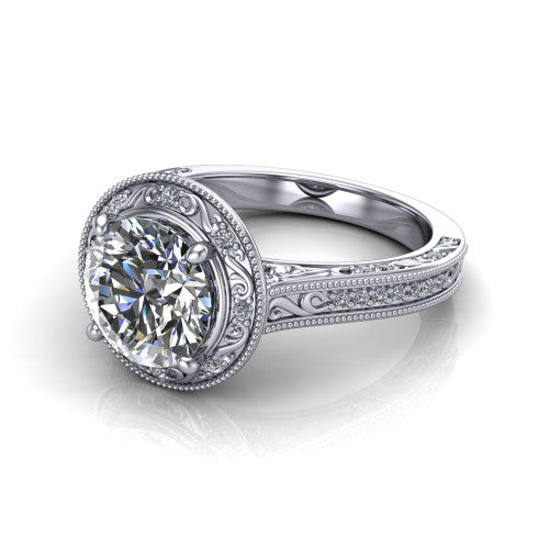 Juliana round vintage halo engagement ring in 18K White Gold, three-quarter perspective showing the round center diamond, milgrain halo, and hand-engraved band