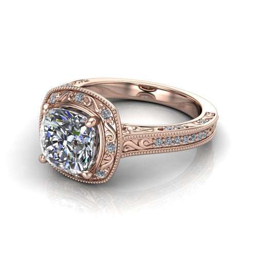 Juliana cushion-cut vintage halo engagement ring in 18K Rose Gold, three-quarter perspective showing the cushion-cut center diamond, milgrain halo, and hand-engraved band