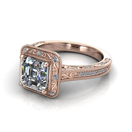 Juliana square emerald-cut vintage halo engagement ring in 18K Rose Gold, three-quarter perspective showing the square emerald-cut center diamond, milgrain halo, and hand-engraved band