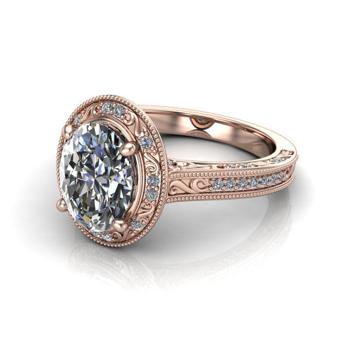 Juliana oval vintage halo engagement ring in 18K Rose Gold, three-quarter perspective showing the oval center diamond, milgrain halo, and hand-engraved band