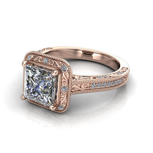 Juliana princess-cut vintage halo engagement ring in 18K Rose Gold, three-quarter perspective showing the princess-cut center diamond, milgrain halo, and hand-engraved band