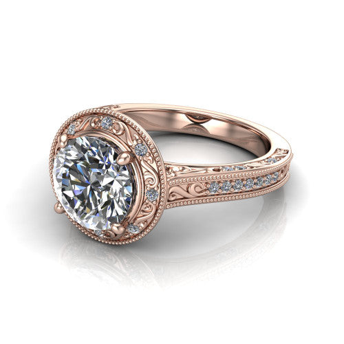 Juliana round vintage halo engagement ring in 14K Rose Gold, three-quarter perspective showing the round center diamond, milgrain halo, and hand-engraved band
