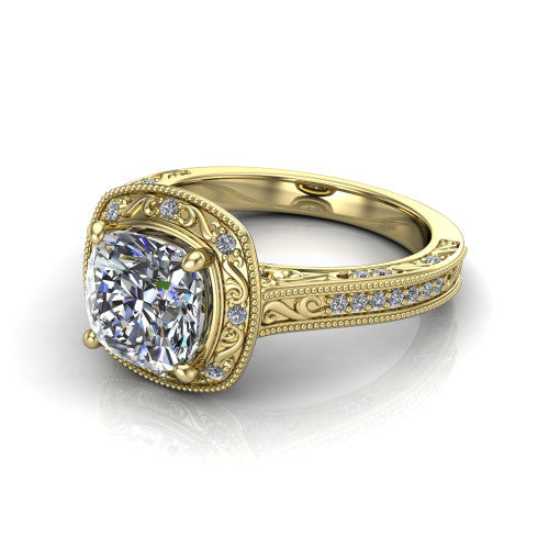 Juliana cushion-cut vintage halo engagement ring in 18K Yellow Gold, three-quarter perspective showing the cushion-cut center diamond, milgrain halo, and hand-engraved band