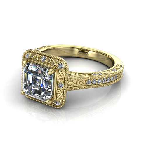Juliana square emerald-cut vintage halo engagement ring in 18K Yellow Gold, three-quarter perspective showing the square emerald-cut center diamond, milgrain halo, and hand-engraved band