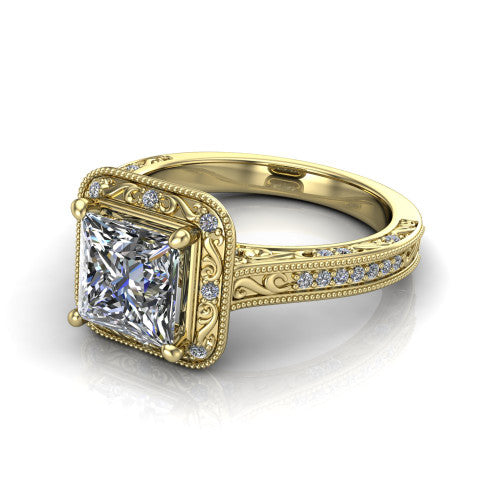 Juliana princess-cut vintage halo engagement ring in 14K Yellow Gold, three-quarter perspective showing the princess-cut center diamond, milgrain halo, and hand-engraved band