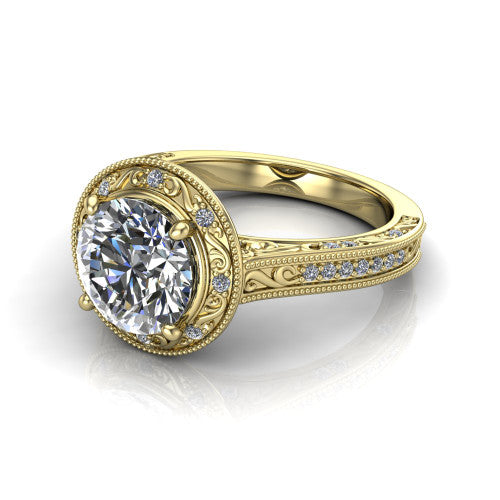 Juliana round vintage halo engagement ring in 18K Yellow Gold, three-quarter perspective showing the round center diamond, milgrain halo, and hand-engraved band
