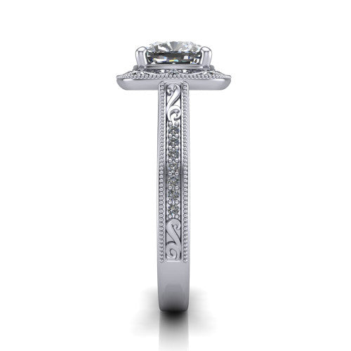 Juliana cushion-cut vintage halo engagement ring in Platinum, side profile showing the engraved scrollwork band and halo