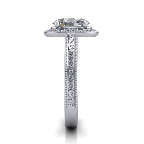 Juliana oval vintage halo engagement ring in Platinum, side profile showing the engraved scrollwork band and halo