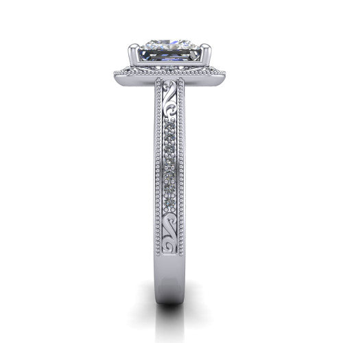 Juliana princess-cut vintage halo engagement ring in Platinum, side profile showing the engraved scrollwork band and halo