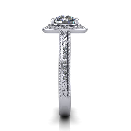 Juliana round vintage halo engagement ring in 18K White Gold, side profile showing the engraved scrollwork band and halo