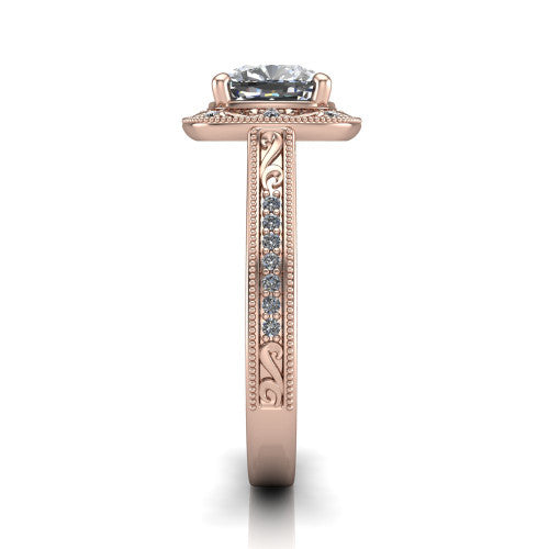 Juliana cushion-cut vintage halo engagement ring in 18K Rose Gold, side profile showing the engraved scrollwork band and halo
