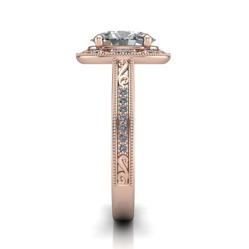 Juliana oval vintage halo engagement ring in 18K Rose Gold, side profile showing the engraved scrollwork band and halo