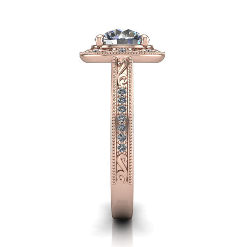 Juliana round vintage halo engagement ring in 18K Rose Gold, side profile showing the engraved scrollwork band and halo