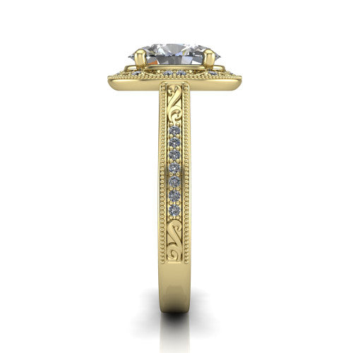 Juliana oval vintage halo engagement ring in 14K Yellow Gold, side profile showing the engraved scrollwork band and halo