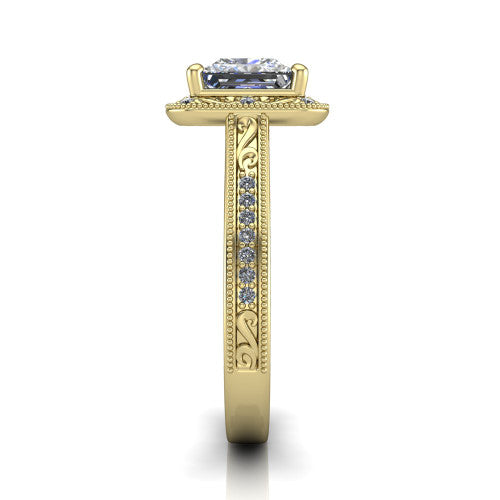 Juliana princess-cut vintage halo engagement ring in 18K Yellow Gold, side profile showing the engraved scrollwork band and halo