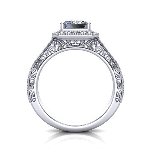 Juliana emerald-cut vintage halo engagement ring in Platinum, through-finger front profile showing the engraved scrollwork gallery and shoulders