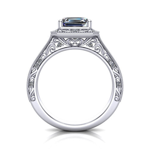 Juliana square emerald-cut vintage halo engagement ring in Platinum, through-finger front profile showing the engraved scrollwork gallery and shoulders